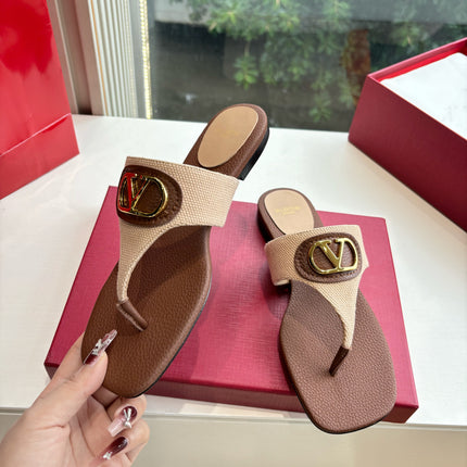 VLTN THONG SANDALS 25S IN BROWN MIX BEIGE LAMBSKIN WITH GOLD HARDWARE