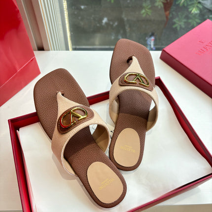 VLTN THONG SANDALS 25S IN BROWN MIX BEIGE LAMBSKIN WITH GOLD HARDWARE