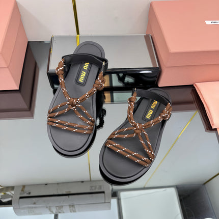 RIVIERE SANDALS IN BLACK CALFSKIN BROWN CORD