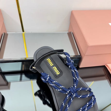 RIVIERE SANDALS IN BLACK CALFSKIN DARK BLUE CORD