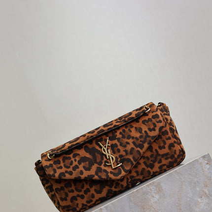 YSL 25S CALYPSO HANDBAG 26 IN BROWN LEOPARD PRINT VELVET GOLD HARDWRE