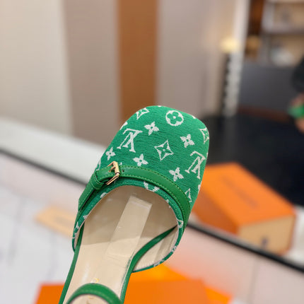 HIGH SANDALS 8 CM IN EMERALD GREEN MONOGRAM DENIM AND CALFSKIN