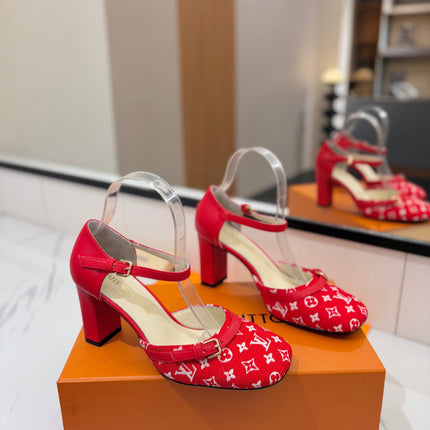 HIGH SANDALS 8 CM IN CHERRY RED MONOGRAM DENIM