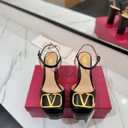 VLTN HIGH SANDAL 25S 115 MM IN BLACK LAMBSKIN WITH GOLD HARDWARE