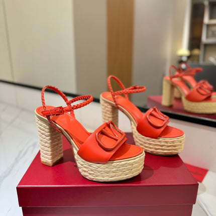 VLTN ESPADRILLE WEDGE SANDALS 25S 115 MM IN ORANGE LAMBSKIN