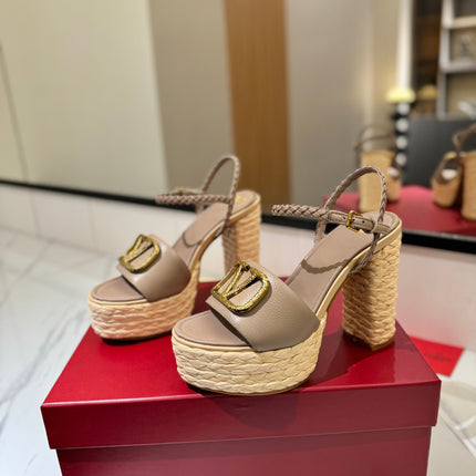 VLTN ESPADRILLE WEDGE SANDALS 25S 115 MM IN BEIGE BROWN LAMBSKIN WITH GOLD HARDWARE