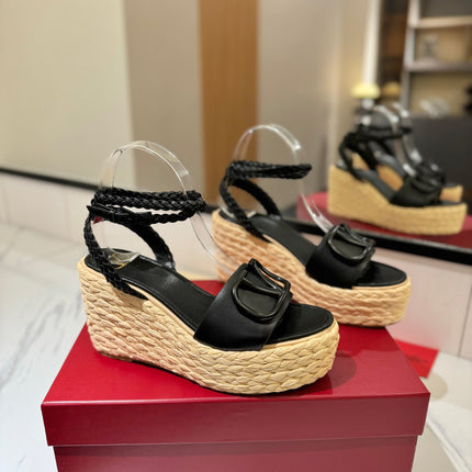 VLTN ESPADRILLE WEDGE SANDALS 25S 90 MM IN BLACK LAMBSKIN STYLE 10