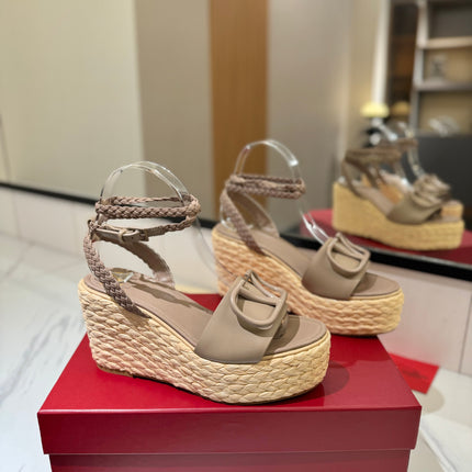 VLTN ESPADRILLE WEDGE SANDALS 25S 90 MM IN BEIGE BROWN LAMBSKIN STYLE 7