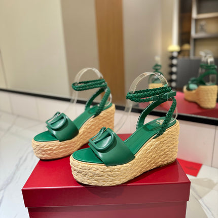 VLTN ESPADRILLE WEDGE SANDALS 25S 90 MM IN DARK GREEN LAMBSKIN STYLE 6
