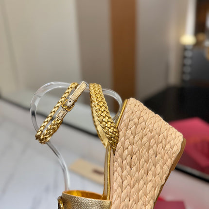 VLTN ESPADRILLE WEDGE SANDALS 25S 90 MM IN GOLD LAMBSKIN STYLE 1