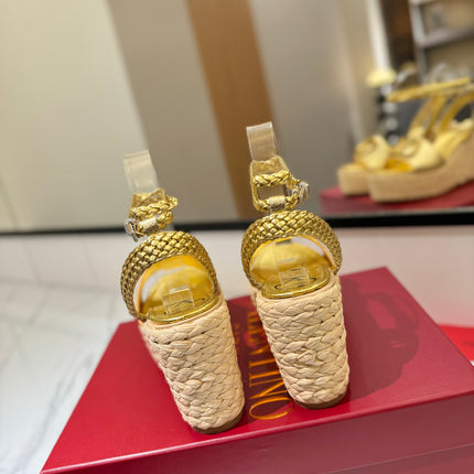 VLTN ESPADRILLE WEDGE SANDALS 25S 90 MM IN GOLD LAMBSKIN STYLE 1