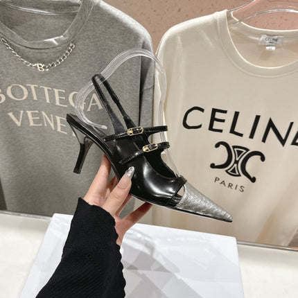 JUDY DOUBLE STRAP MARY JANE SLINGBACK 65MM IN BLACK SHINY CALFSKIN AND SILVER SNAKE EMBOSSED LEATHER