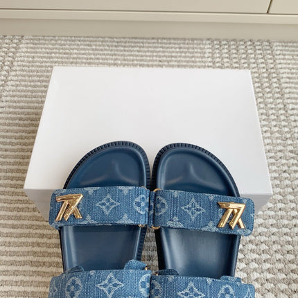 LV TWO-STRAP SANDALS 25S IN BLUE DENIM AND CALFSKIN WITH GOLD HARDWARE