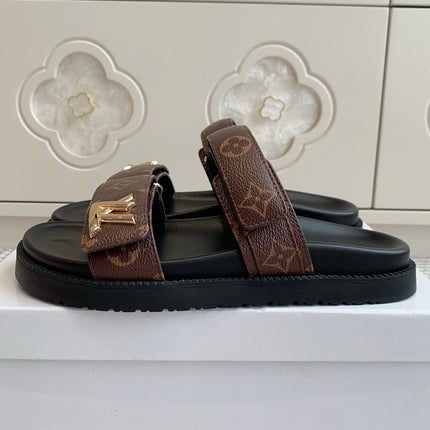 LV TWO-STRAP SANDALS 25S IN BROWN MIX BLACK CALFSKIN WITH GOLD HARDWARE