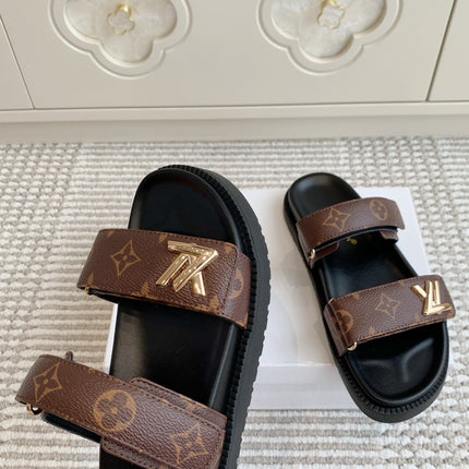 LV TWO-STRAP SANDALS 25S IN BROWN MIX BLACK CALFSKIN WITH GOLD HARDWARE