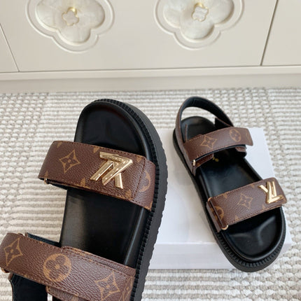 LV SANDALS 25S IN BROWN MIX BLACK CALFSKIN WITH GOLD HARDWARE