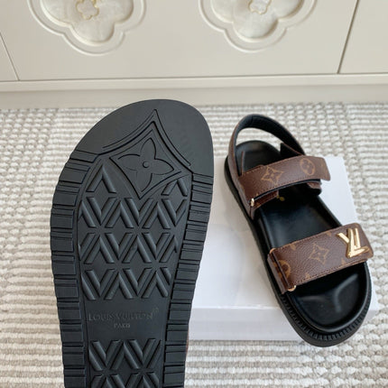 LV SANDALS 25S IN BROWN MIX BLACK CALFSKIN WITH GOLD HARDWARE