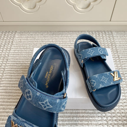 LV SANDALS 25S IN BLUE DENIM AND CALFSKIN WITH GOLD HARDWARE