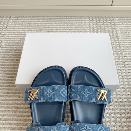 LV SANDALS 25S IN BLUE DENIM AND CALFSKIN WITH GOLD HARDWARE