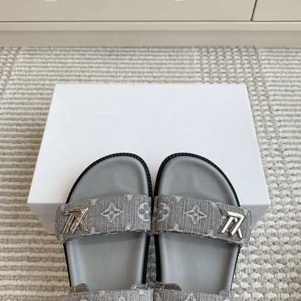 LV SANDALS 25S IN GREY DENIM AND CALFSKIN WITH SILVER HARDWARE