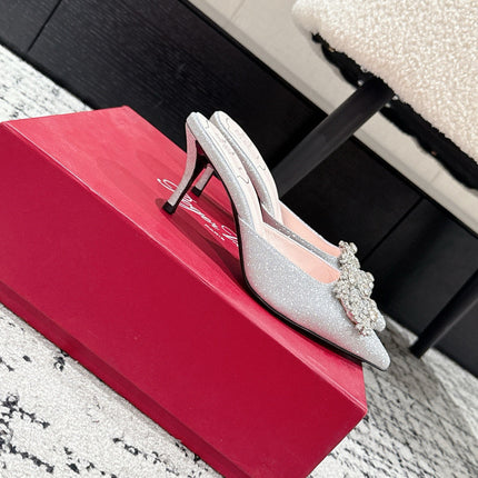 ROGER VIVIER 25S EFFLORESCENCE MULES 65MM IN BLING SILVER EMBELLISHED CRYSTALS