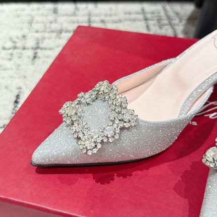 ROGER VIVIER 25S EFFLORESCENCE MULES 65MM IN BLING SILVER EMBELLISHED CRYSTALS