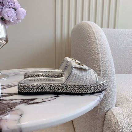 PLATFORM SLIPPERS IN SILVER WOOL AND LAMBSKIN