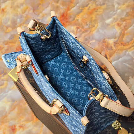 LV 25S ONTHEGO 28 IN BLUE MONOGRAM DENIM COTTON CALFSKIN LEATHER STRAP