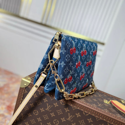 LV 25S COUSSIN BAG 26 IN DARK BLUE DENIM MONOGRAM CHERRY GOLD HARDWARE