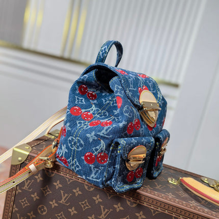 LV 25S VENICE BACKPACK 26 IN BLUE DENIM MONOGRAM CHERRY GOLD HARDWARE