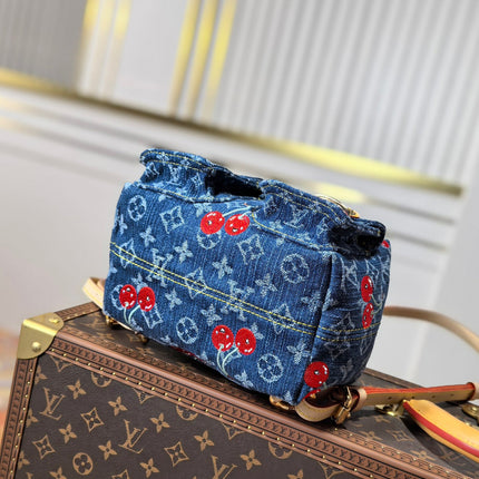 LV 25S VENICE BACKPACK 26 IN BLUE DENIM MONOGRAM CHERRY GOLD HARDWARE