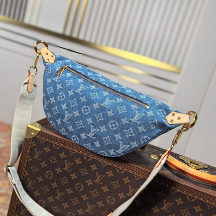 LV 25S BUMBAG 38 IN BLUE MONOGRAM DENIM LEATHER TRIM GOLD HARDWARE