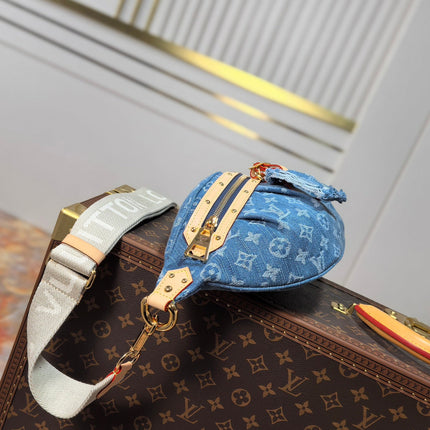 LV 25S BUMBAG 38 IN BLUE MONOGRAM DENIM LEATHER TRIM GOLD HARDWARE