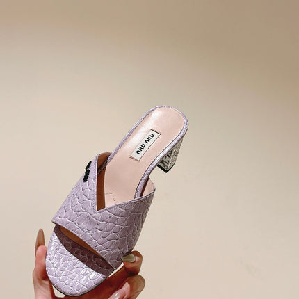 JEWELLED HEEL 55 MULE SANDALS IN PASTEL PURPLE CALFSKIN