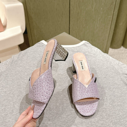 JEWELLED HEEL 55 MULE SANDALS IN PASTEL PURPLE CALFSKIN
