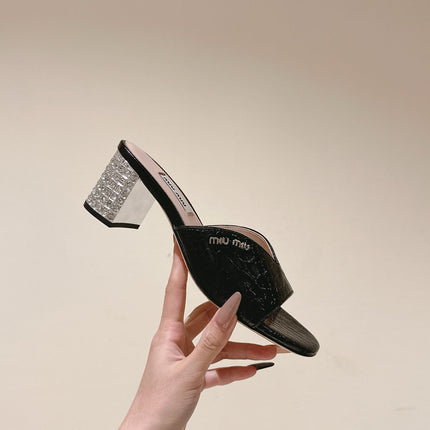 JEWELLED HEEL 55 MULE SANDALS IN BLACK CALFSKIN