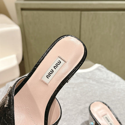 JEWELLED HEEL 55 MULE SANDALS IN BLACK CALFSKIN