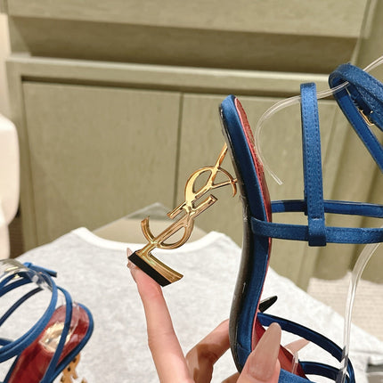 YSL 25S HIGH-HEEL SANDALS 100 MM IN DEEP NAVY BLUE SATIN WITH YSL LOGO HEEL DESIGN IN GOLD