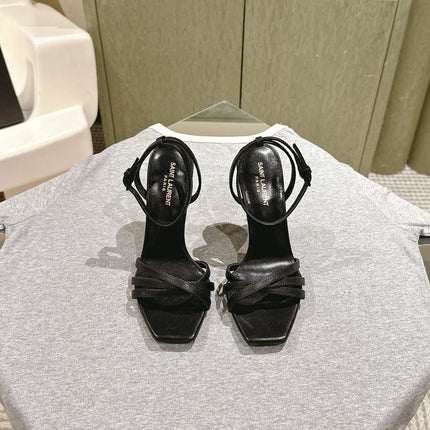 YSL 25S HIGH-HEEL SANDALS 100 MM IN BLACK LAMBSKIN WITH YSL LOGO HEEL DESIGN