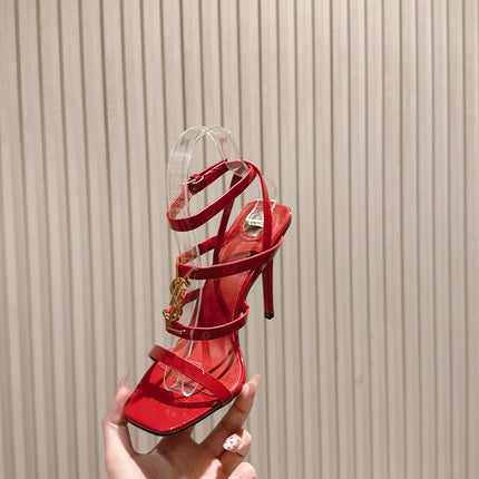 YSL 25S STILETTO HIGH-HEEL SANDALS 100 MM IN RED LAMBSKIN WITH GOLD HARDWARE