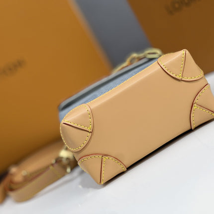 LV 25S NANO STEAMER 18 IN BLUE COTTON DENIM CALFSKIN TRIM GOLD HARDWARE