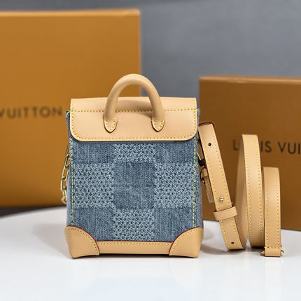 LV 25S NANO STEAMER 18 IN BLUE COTTON DENIM CALFSKIN TRIM GOLD HARDWARE