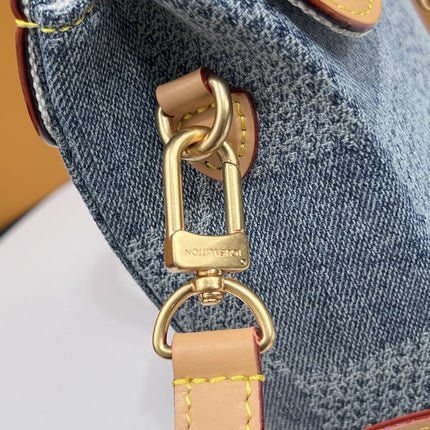 LV 25S NANO STEAMER 18 IN BLUE COTTON DENIM CALFSKIN TRIM GOLD HARDWARE