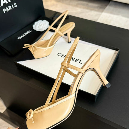 SLINGBACK WITH BOW IN BEIGE CREAM MIX BLACK LAMBSKIN