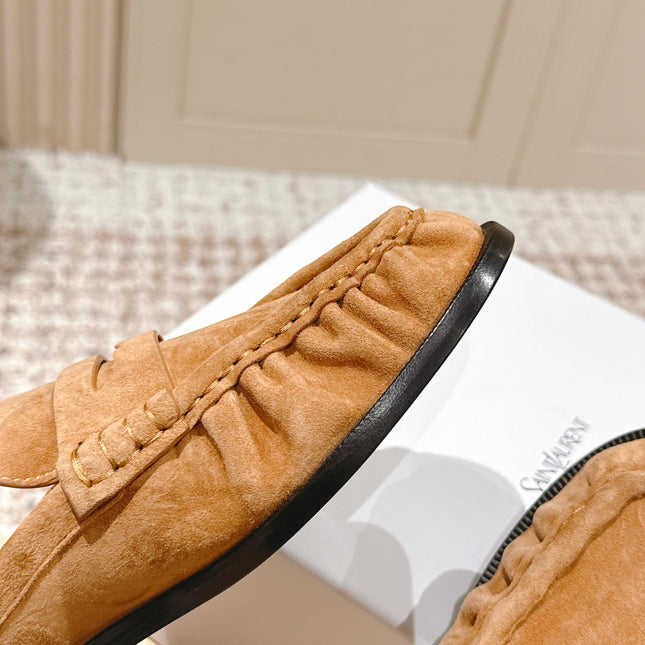 YSL 25S LOAFER MULE IN CARAMEL SUEDE