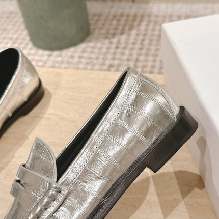 YSL 25S SAINT LAURENT LOAFERS IN SILVER CALFSKIN WITH SMALL LOGO