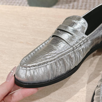 YSL 25S SAINT LAURENT LOAFERS IN SILVER CALFSKIN WITH SMALL LOGO