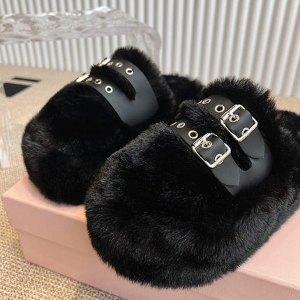 MULES IN BLACK RABBIT FUR SILVER HARDWARE