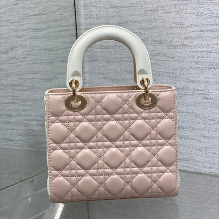 MEDIUM LADY BAG 20 IN BABY PINK QUILTED MACROCANNAGE CALFSKIN WHITE STRAP