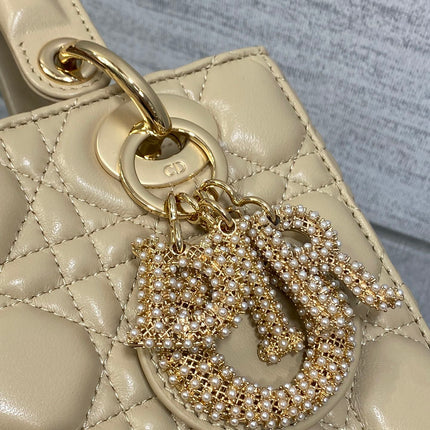 DIOR 25S LADY DIOR BAG 20 IN SAND BEIGE CALFSKIN CHARM PEARL EMBELLISHMENTS